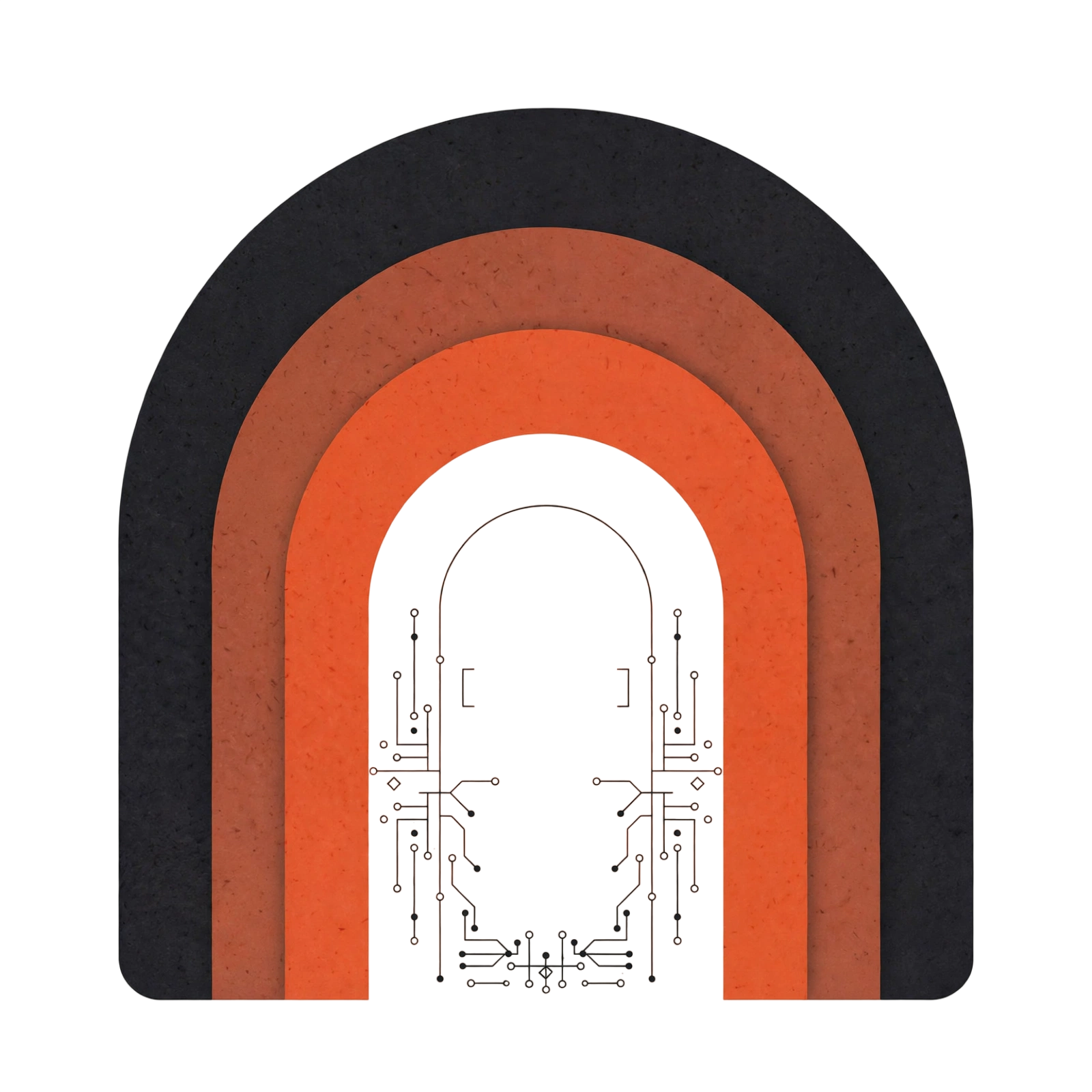 Layered arches in charcoal, terracotta and orange with a circuit motif